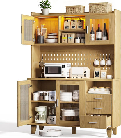 71" Tall Kitchen Pantry Cabinet with Remote LED Light & Charging Station, Farmhouse Freestanding Kitchen Storage Hutch with 3 Drawers, 6 Pegboard Hooks, Open Countertop and Shelves, Natural