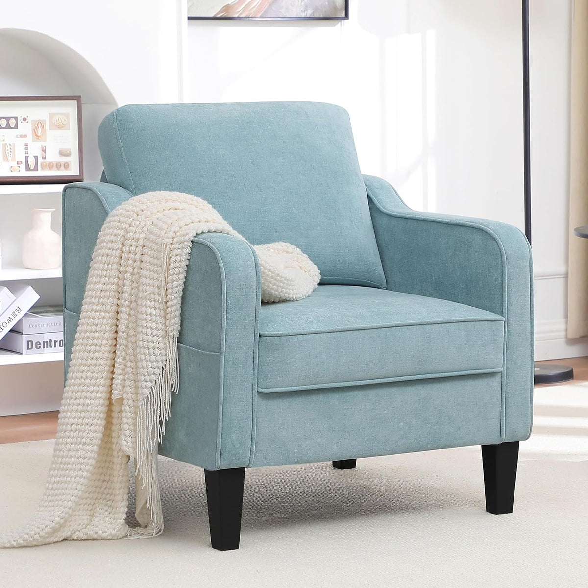 Accent Chair for Living Room, Mid Century Modern Reading Chair for Bedroom, Upholstered Armchair with Side Pockets, Comfy Single Sofa Side Chair for Office, Apartment, Small Room, Teal Green