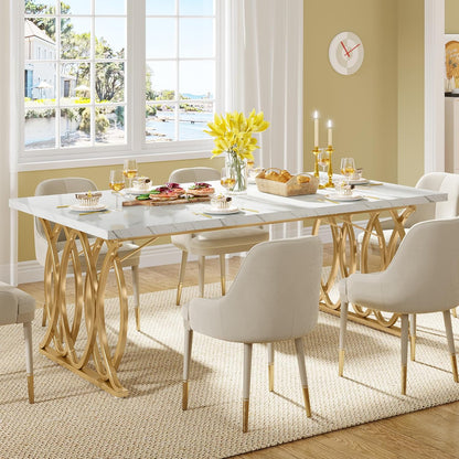 Tribesigns 63" Dining Table for 4 to 6, White and Gold Kitchen Table | Modern Large Rectangular Dinner Table Kitchen & Dining Room Furniture with Faux Marble Tabletop and Geometric Legs