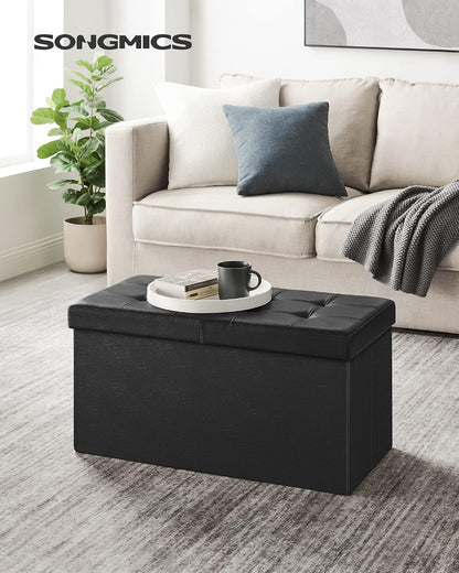 SONGMICS 30 Inches Folding Storage Ottoman Bench with Flipping Lid | Storage Chest Footrest Padded Seat, MDF Support, Ink Black, MINOTA Collection ULSF45BK