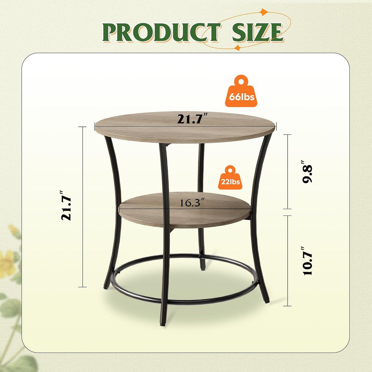 WLIVE Side Table, Round End Table with 2 Storage Shelves for Living Room, Bedroom, Nightstand with Steel Frame for Small Spaces, Accent Coffee Table, Light Grey