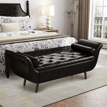 Storage Bench for Bedroom, 65" End of Bed Bench King Size, Faux Leather Tufted Upholstered Window Bench Indoor Foot of Bed Storage Ottoman Long Seating with Arm for Living Room Entryway, Black