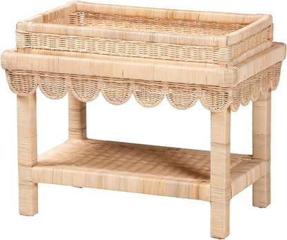 Bali & pari Weyman Scalloped Rattan End Table with Removable Tray Top - Handwoven Rattan Accent Table with Shelf, Coastal Boho Style Side Table for Living Room or Bedroom