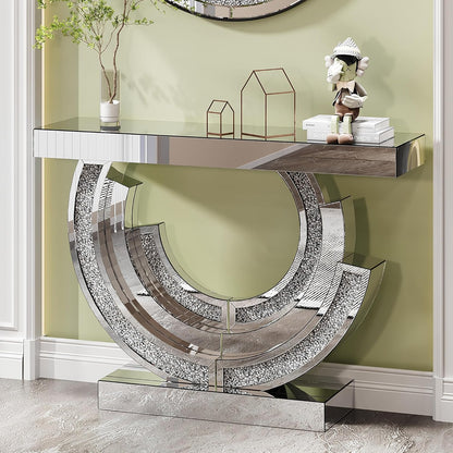 SSLine Mirror Console Table for Living Room 43" Modern Mirrored Entryway Table with Crystal 3-Ring Shape Base Luxury Silver Foyer Tables for Entryway Hallway