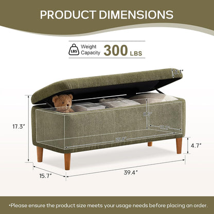 39.4”Ottoman with Storage,Upholstered Comfy Storage Bench Ottoman with Wooden Legs,End of Bed Bench Footstool for Hallway Entryway Bedroom Living Room Green