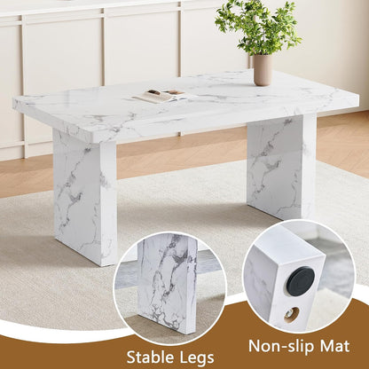 63" Dining Table Set for 6, White Faux Marble Dining Room Table and 6 PU Leather Chairs with Silver Metal Legs, Easy Assembly Kitchen Dining Set for Home, Apartment