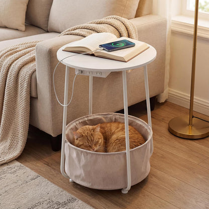 Round Side Table with Charging Station & USB Ports, Modern End Table Nightstand with Fabric Storage Basket, Matte White & Camel Brown Accent Table for Living Room, Bedroom (White)