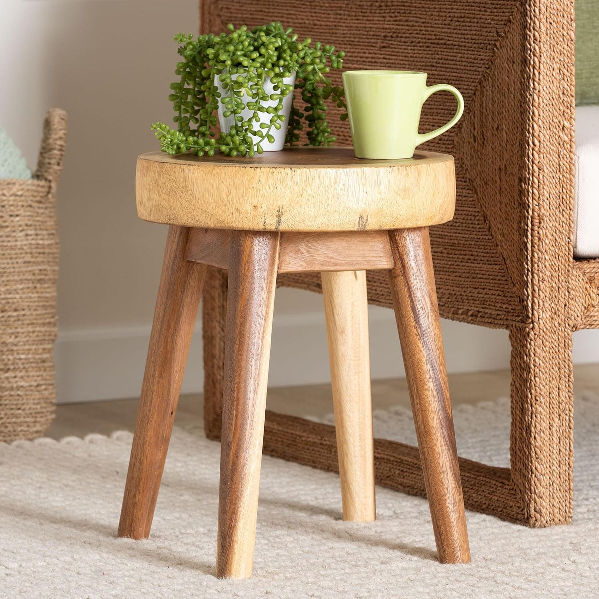 bali & pari Jia Suar Wood End Table - Handcrafted Side Table with Live Edge Round Top and Tapered Legs, Rustic Boho Accent Furniture for Living Room, Bedroom, or Patio