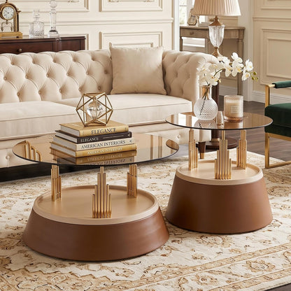 Round Glass Coffee Table Set of 2, Brown, 27.5 Inch | Amber tempered glass tops, brown metal pedestal bases, gold supports, two-tier design for living rooms and apartments