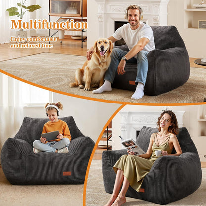 Big Bean Bag Chair for Adults, Ultra Soft BeanBag for Living Room | Stuffed BeanBag Chair with Armrests for Napping, Gaming, Vacuum-Compressed for Easy Gifting, 48 Hours to Fluffs Up, Dark Gray