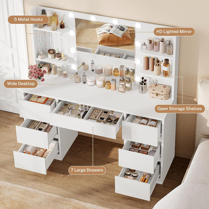 FIONESO Vanity Desk with Mirror and Lights, White | Makeup Vanity with 3 Colors LED Lights, White Vanity with 7 Drawers , 6 Shelves & 5 Jewel Hooks, Girls Vanity for Bedroom