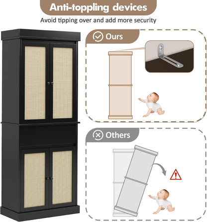 69 Inch Tall Pantry Cabinet , Slim Wood Storage Cupboard with Adjustable Shelves, Rattan Doors and Drawer, Freestanding Kitchen Organizer, Bathroom Linen Cabinet for Dining Room and Laundry Room