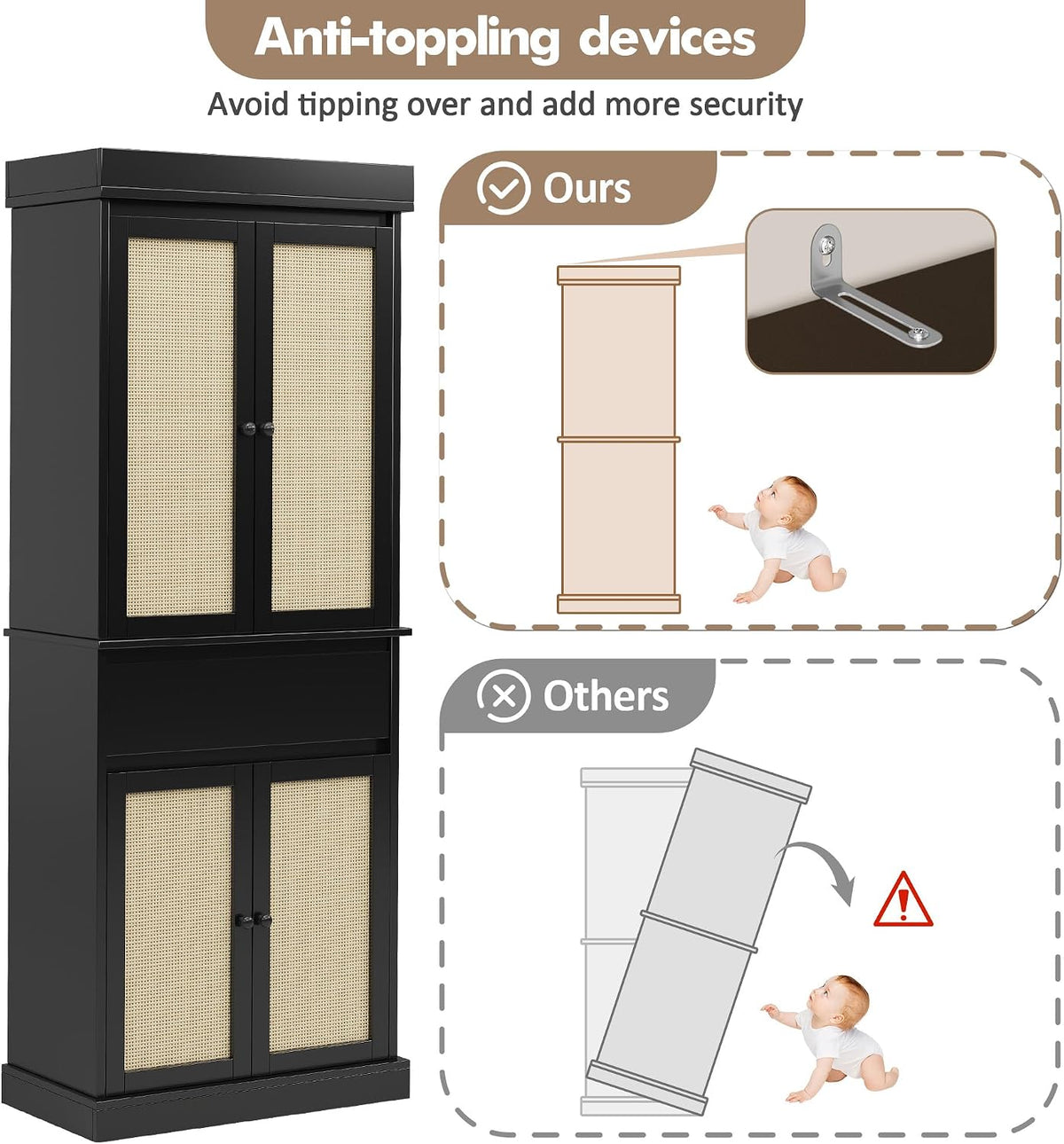 Slim Tall Pantry Cabinet - 4 Rattan Doors, Drawer, and 2 Adjustable Shelves - Freestanding Storage Cupboard for Entryway, Kitchen, Dining Room, Bathroom, or Office,Black