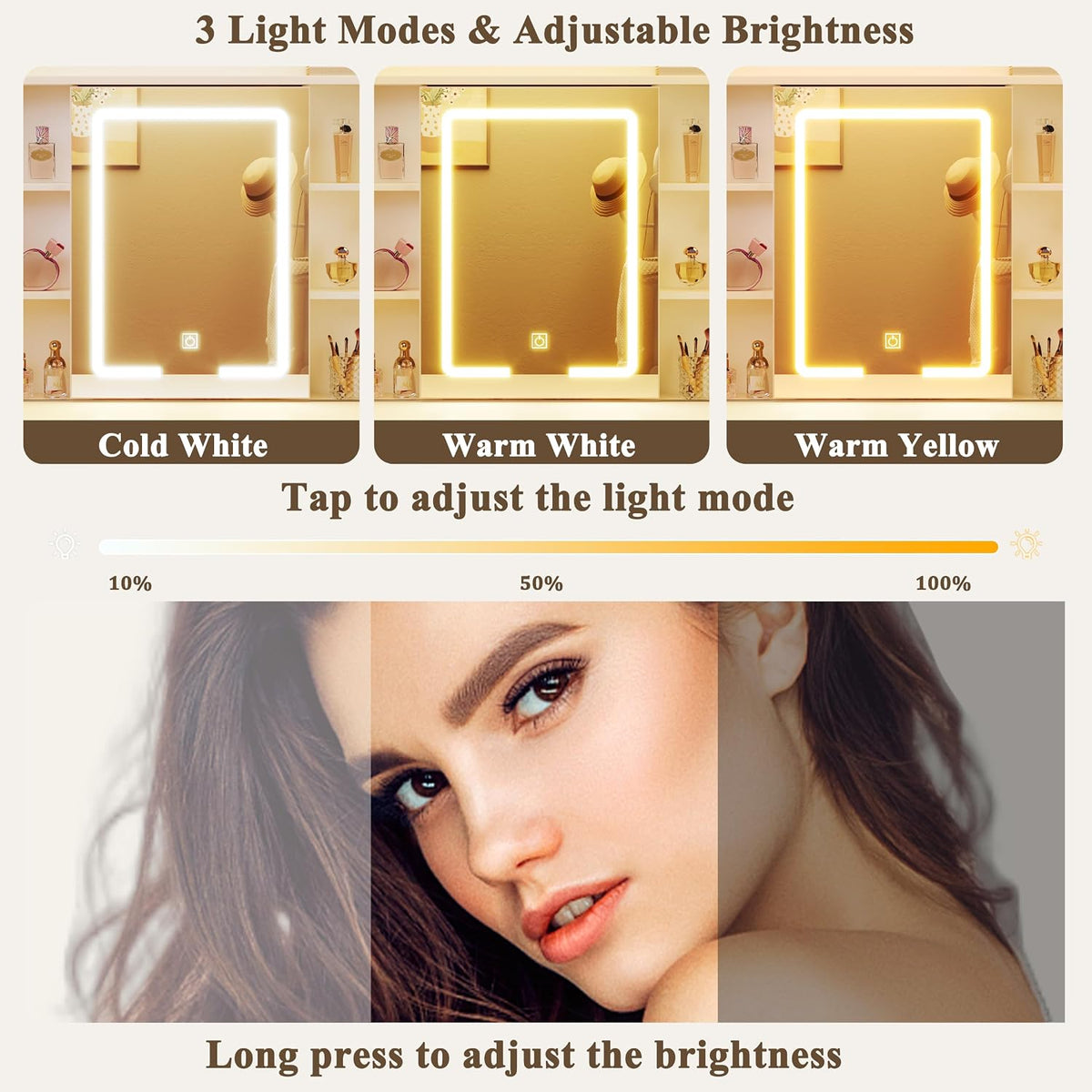 HUAHUU 37.4" Vanity Desk with Mirror and Lights, Makeup Vanity with LED Sliding Mirror, 3-Color Lights, USB/Type-C Charging, White Vanity Desk with Storage Cabinet, 2 Drawers & 6 Shelves for Bedroom