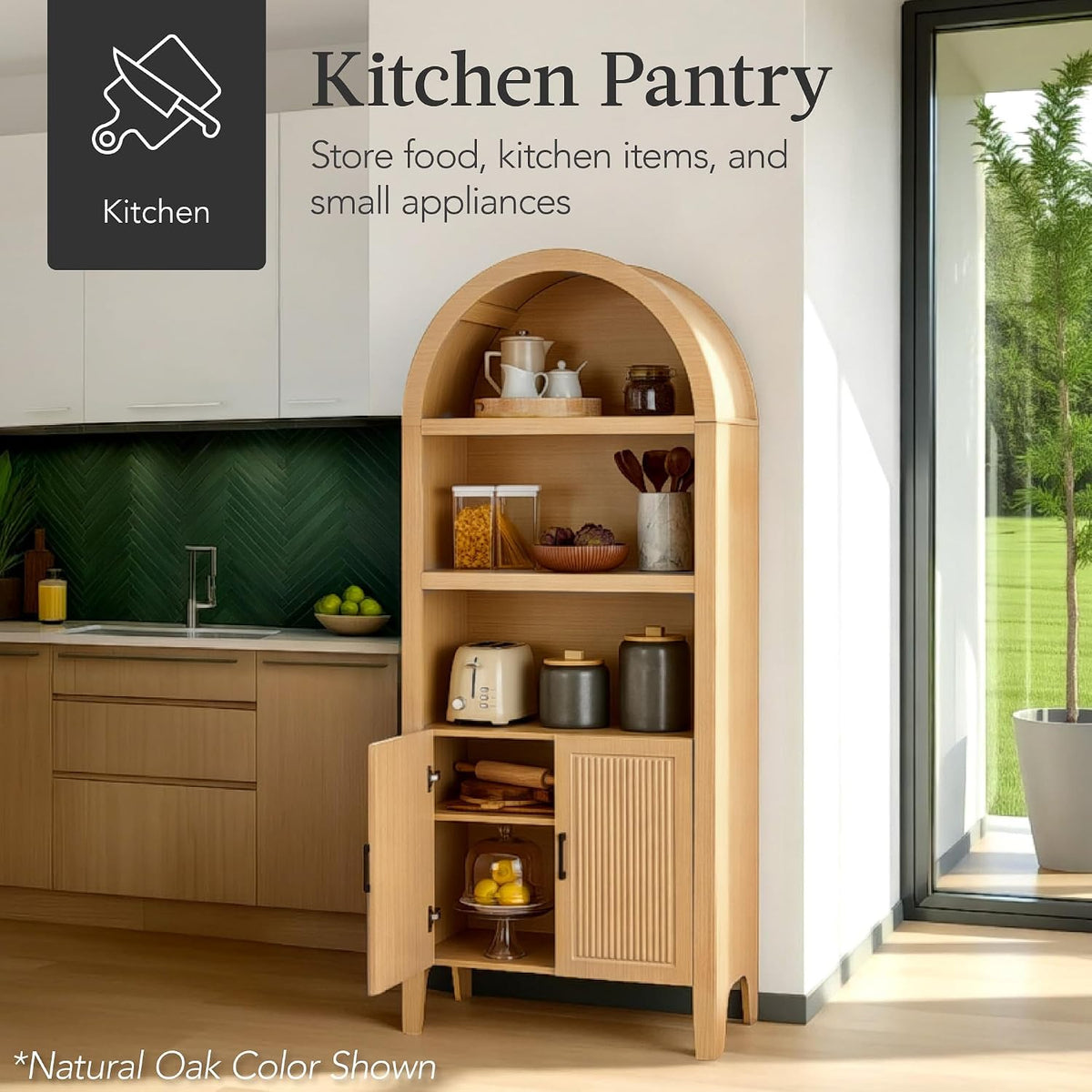 Best Choice Products 72" Tall Arched Pantry Cabinet w/Reeded Doors, 5-Tier Bookshelf, Armoire, Hutch, Bookcase, Storage Cabinet w/Adjustable Shelves, for Dining Room and Livingroom - Black Oak