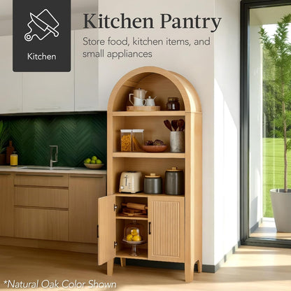 Best Choice Products 72" Tall Arched Pantry Cabinet w/Reeded Doors, 5-Tier Bookshelf, Armoire, Hutch, Bookcase, Storage Cabinet w/Adjustable Shelves, for Dining Room and Livingroom - Walnut