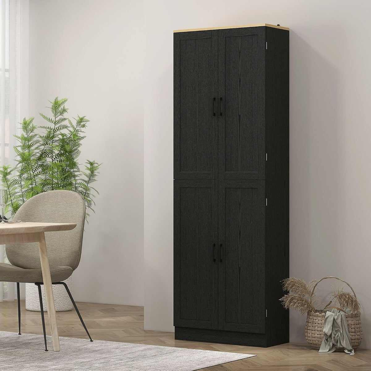 4-Door Farmhouse Freestanding Kitchen Pantry Cabinet with Flexible Adjustable Shelves, Distressed Black Finish and Contemporary Design