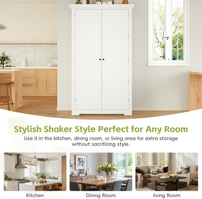 Merax 72" Tall Shaker Style Kitchen Pantry with 3 Drawers, Adjustable Shelves, Wood Cupboard Dining Storage Cabinet with Door Shelves and Pull-Out Trays for Living Room, Kitchen, Dining Room White
