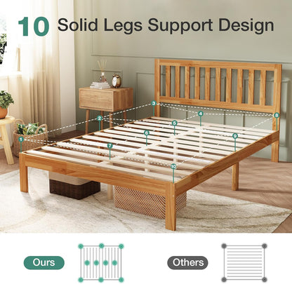 Novilla Queen Bed Frame with Headboard, Solid Wood Bed Frame Foundation with Wood Slat Support, No Box Spring Needed, Easy Assembly, Oak