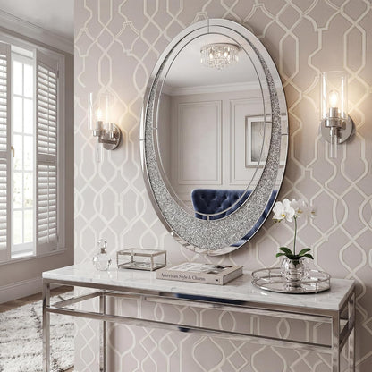 2 Piece Mirrored Console Table & Oval Wall Mirror Set, 39.5" Silver Entryway Sofa Table with Crystal-Inlaid Olive-Shape Base and Crush Diamond Round Wall Mirror Set for Entryway Hallway Entrance