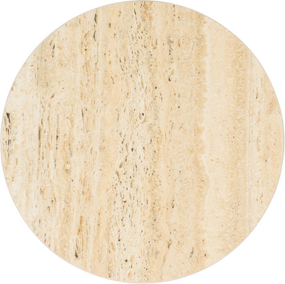 SAFAVIEH Home Collection - Saxony Side Table, Round Beige Travertine Top with Black Metal Legs, Fully Assembled (ACC3731A)