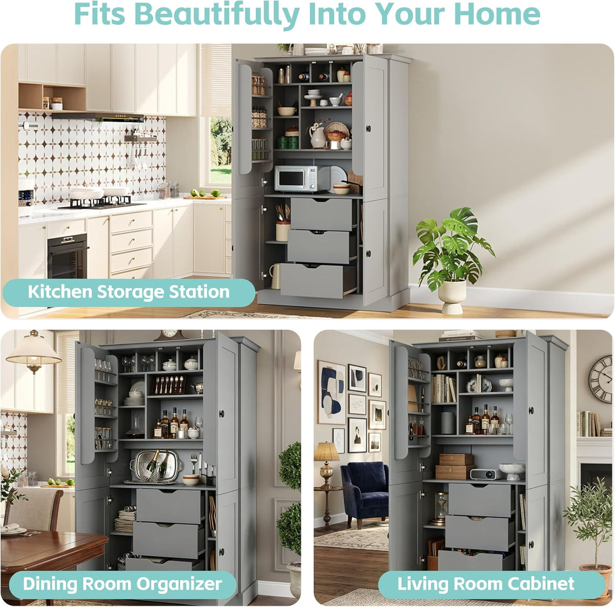 Freestanding Kitchen Pantry,Tall Storage Workstation with 4 Doors, 6 Door Shelves, Removable Shelves and 6 Wine Racks for Dining Room (Grey-FK)