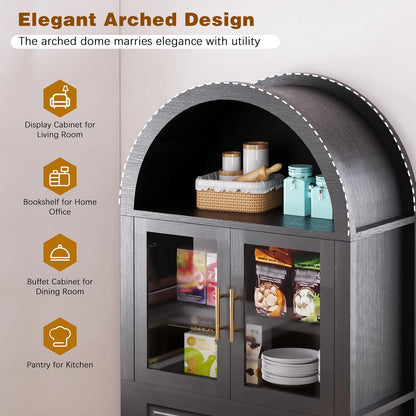 71" Tall Arched Kitchen Pantry Cabinet, Farmhouse Freestanding Food Pantry with Glass Door, Barn Door Design and Adjustable Shelves, Storage Cupboard for Kitchen, Living & Dining Room,Black