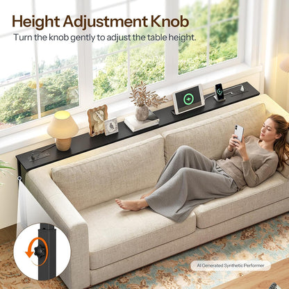 HOOBRO 78.7 Inch Narrow Console Table with Adjustable Height (25.5"-33.4") | 5.9" Sofa Table with Power Outlets, Skinny Behind Couch Table for Small Spaces, Black BB200UXG01