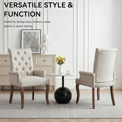 Farmhouse Upholstered Dining Chair Set of 2 with Arms & Nailhead Trim, Tufted Chenille Kitchen Chairs with Solid Wood Legs, Accent Chair for Dining Room, Living Room & Bedroom, Beige