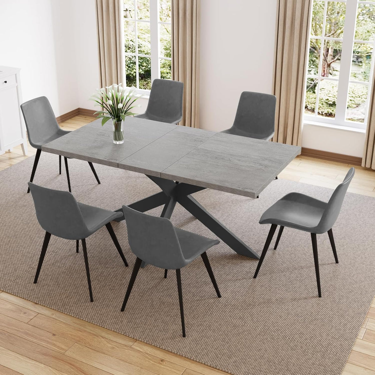 ZckyCine 51"-67" Extendable Dining Table Set with 6 Dining Chairs, Modern Rectangular Kitchen Table Set for 6-8 People, Space-Saving Expandable Dining Table with Metal Frame