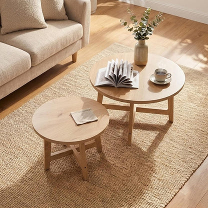 Set of 2 Round Nesting Coffee Tables, Natural Wood Finish Modern Side Tables, X-Shaped Frame Stackable End Tables for Living Room, Bedroom, Balcony 27.56&19.69