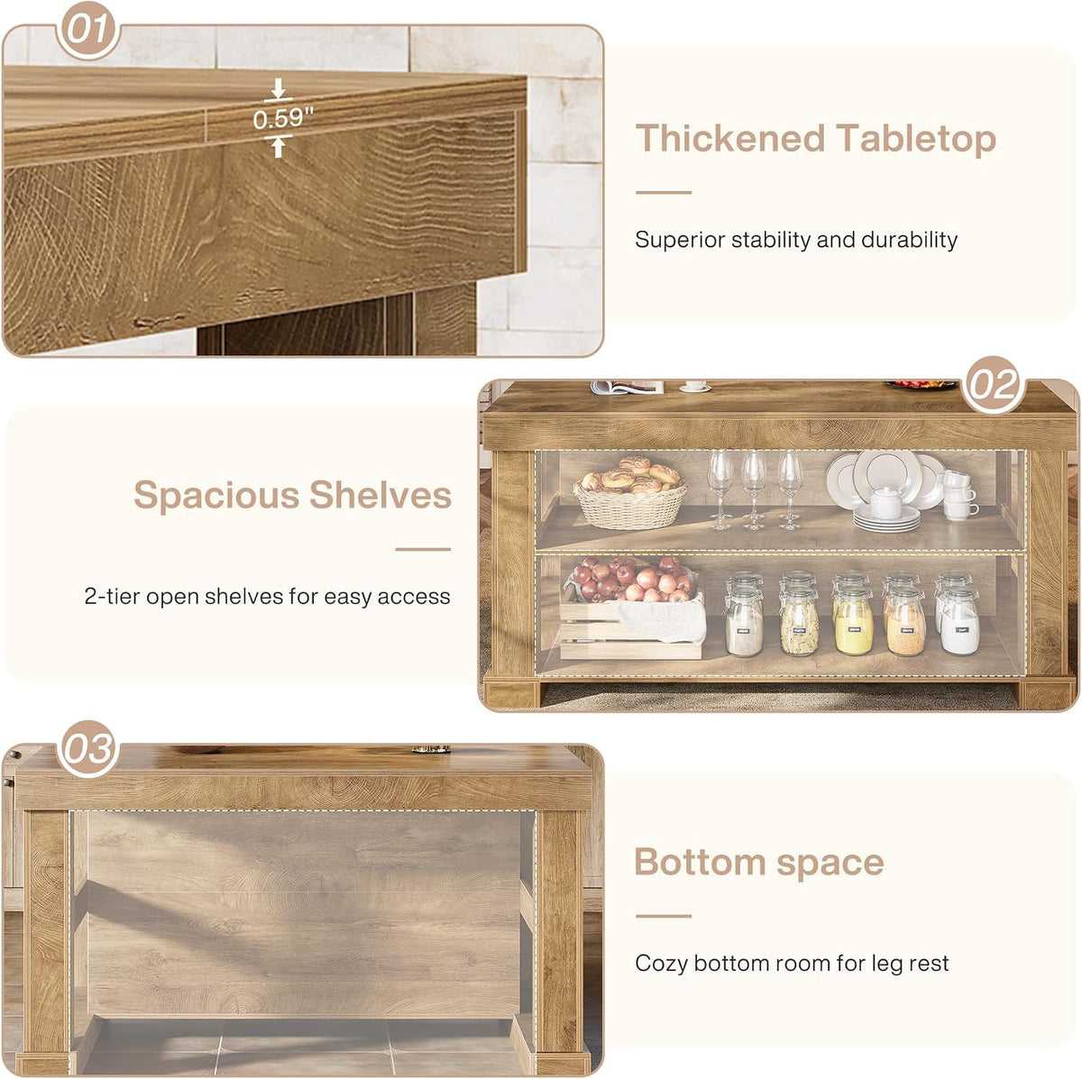 Tribesigns 55" Kitchen Island with Seating and Storage, 3-Tier, Farmhouse | Wood Stationary Island Table with Large Worktop & Legroom, Sturdy Coffee Bar Table with Storage Shelf for Kitchen, Brown
