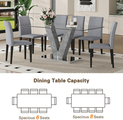 71" Glass Dining Table Set for 6, 7-Piece Glass Dining Table Set with Chairs & Rounded-Corner Tempered Glasss Tabletop, Kitchen Table Set for 6 Ideal for Kitchen Dining Room