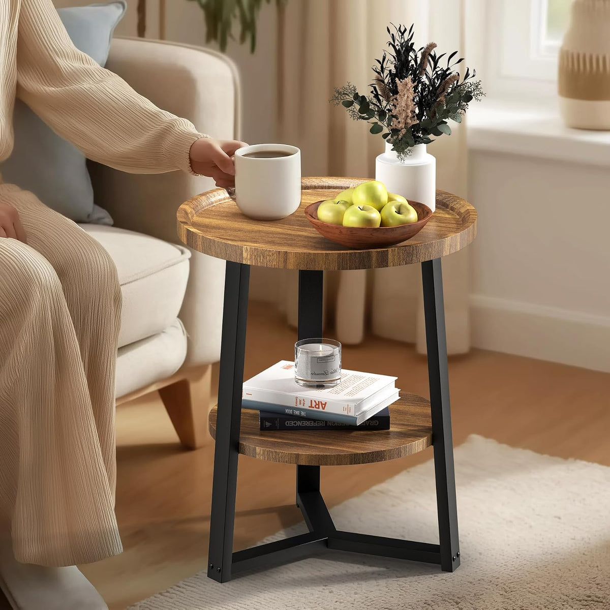 PPAMAPIC Round End Table, 2 Tier Side Table with Storage Shelf, Nightstand Accent Table for Living Room Bedroom Small Space, Black Metal Frame, 19.7" D x 23.6" H, Rustic Brown
