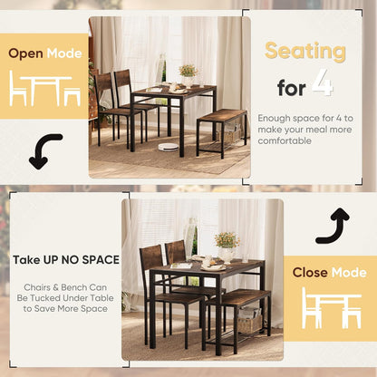 Shahoo Kitchen Table and 2 Chairs for 4 with Bench | 4 Piece Dining Sets for Small Space, Coffee Brown