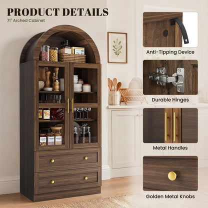 71" Tall Arched Kitchen Pantry Cabinet, Modern Farmhouse Kitchen Storage Cabinet with 2 Large Drawers & Acrylic Doors, Freestanding Versatile Cupboard for Living Room, Dining Room, Brown