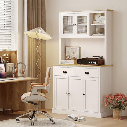 Modern Freestanding Pantry Cabinet 71in H x 39.25in W: White Finish, Warm Oak Countertop, 4-Tier Adjustable Shelves, 35.5in Surface w/Cable Hole, 176lb Capacity