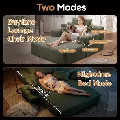 60.2 Inch Chaise Lounge Chair Indoor, Oversized Chaise Lounge with Adjustable Backrest and Armrests, Luxurious Corduroy Convertible Sofa Bed with Storage Pocket for Small Spaces, Apartment (Green)