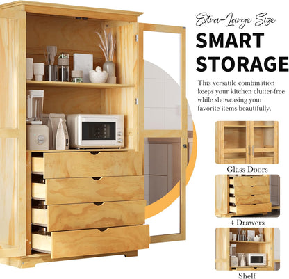 KUIKUI Kitchen Pantry Storage Cabinet, Pantry Cabinets for Kitchen Storage with Glass Doors and 4 Drawers, Natural, 44.7”L x 20”W x 75”H