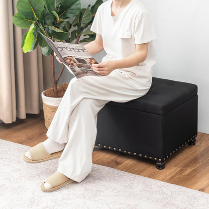 24" Storage Ottoman, Fabric Ottoman Foot Rest Stool with Hinged Lid, Tufted Rectangle Upholstered Footstool, Load Up to 350 lb, for Living Room, Bedroom, Dorm, Black