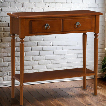 Leick Home Coastal Console Table, Solid Wood, with Drawer and Shelf, for Entryways, Hallways, and Living Rooms, Pecan Brown, 20027-PC
