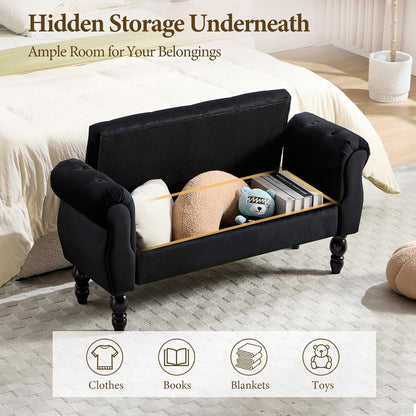 47″ Storage Bench with Arms End of Bed Bench,Velvet Entryway Bench with Storage, Button Tufted Upholstered Ottoman Bench Wood Legs, Window Sitting Bench for Bedroom/Living Room/Hallway, Black