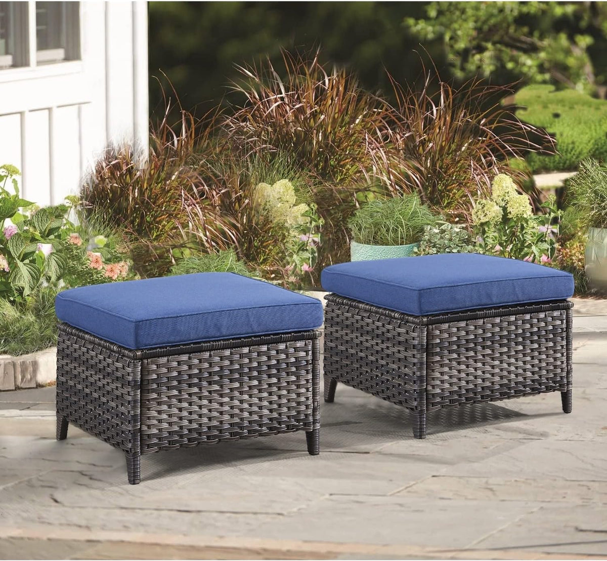 Outdoor Rattan Ottomans Wicker with Blue Cushion (Set of 2) Black Modern Contemporary Square Steel Ottoman Included