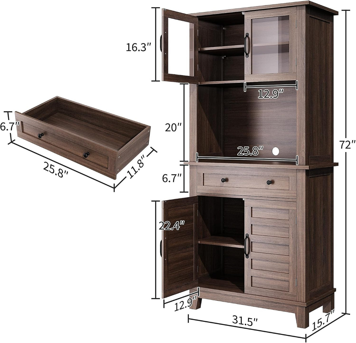 GAOMON 72“ Tall Pantry Cabinet with Drawer, 32” Wide Kitchen Pantry Storage Cabinet with Countertop, Large Kitchen Hutch with Storage Drawers and Doors for Dining Room, Living Room, Brown