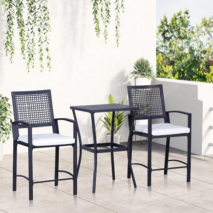 Patio Bar Set, 3 PCS Rattan Wicker Outdoor Furniture Set with Cushioned Stools and Table, Backyard Bistro Dining Set for Lawn Deck Poolside Porch Garden
