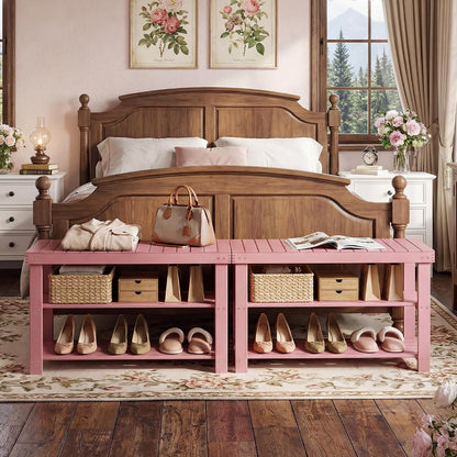 SMIBUY Bamboo Shoe Rack Bench, 3-Tier Shoe Organizer Storage Shelf for Entryway Hallway Bathroom Living Room (Pink)