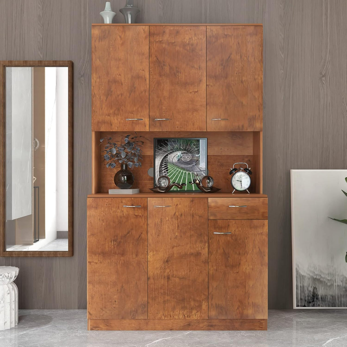 LUMISOL Pantry Sideboard, Solid Wood Kitchen Pantry Storage Cabinet, 70.87” Tall Sideboard with 6 Doors, 1 Open Shelves and 1 Drawers for Living Room, Kitchen, Dining Room, Brown