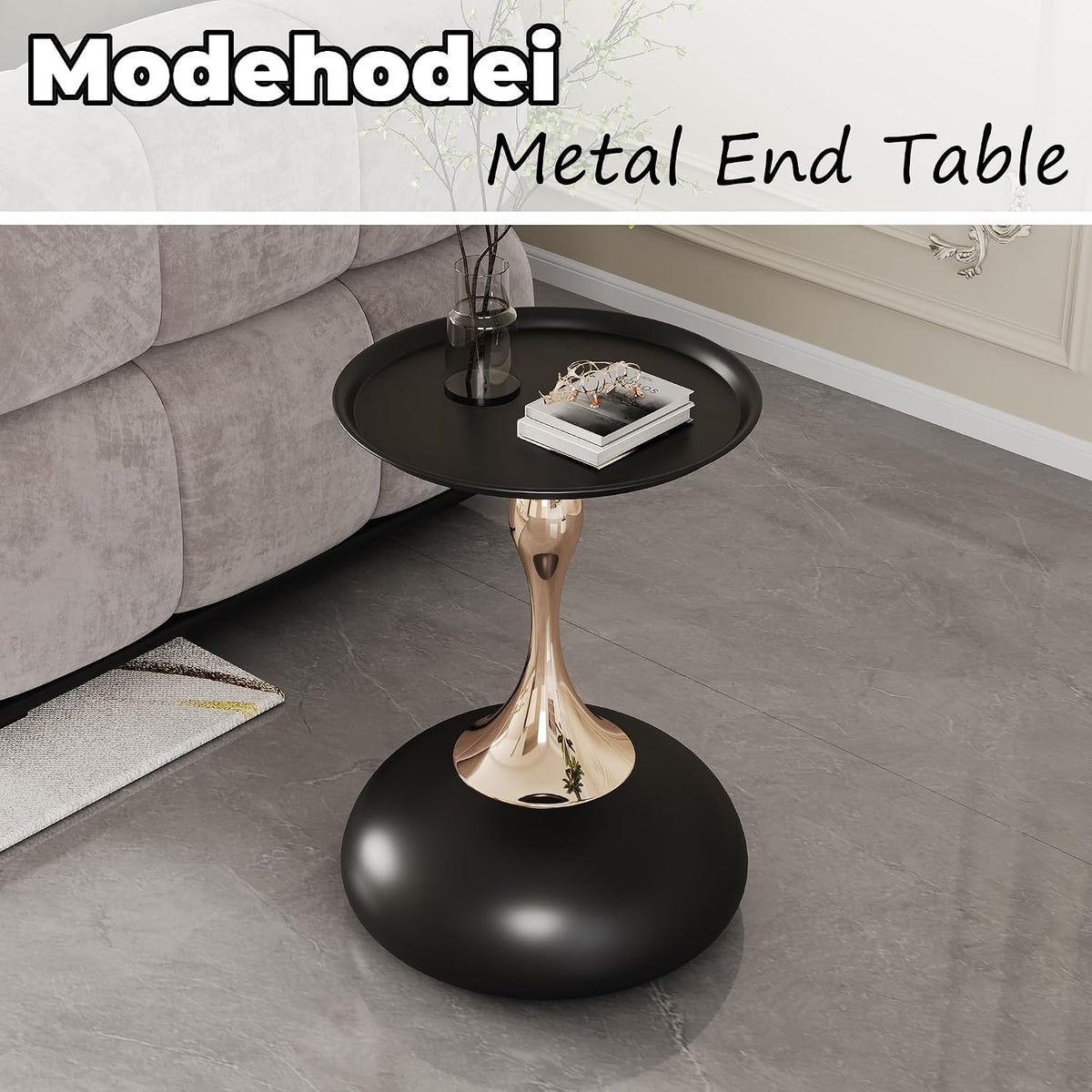 Round Side Table, Small Black End Table with Metal Pedestal, Modern Martini Table for Small Space Living Room, Bedroom, Easy Assembly 15" x 21.6" Drink Table