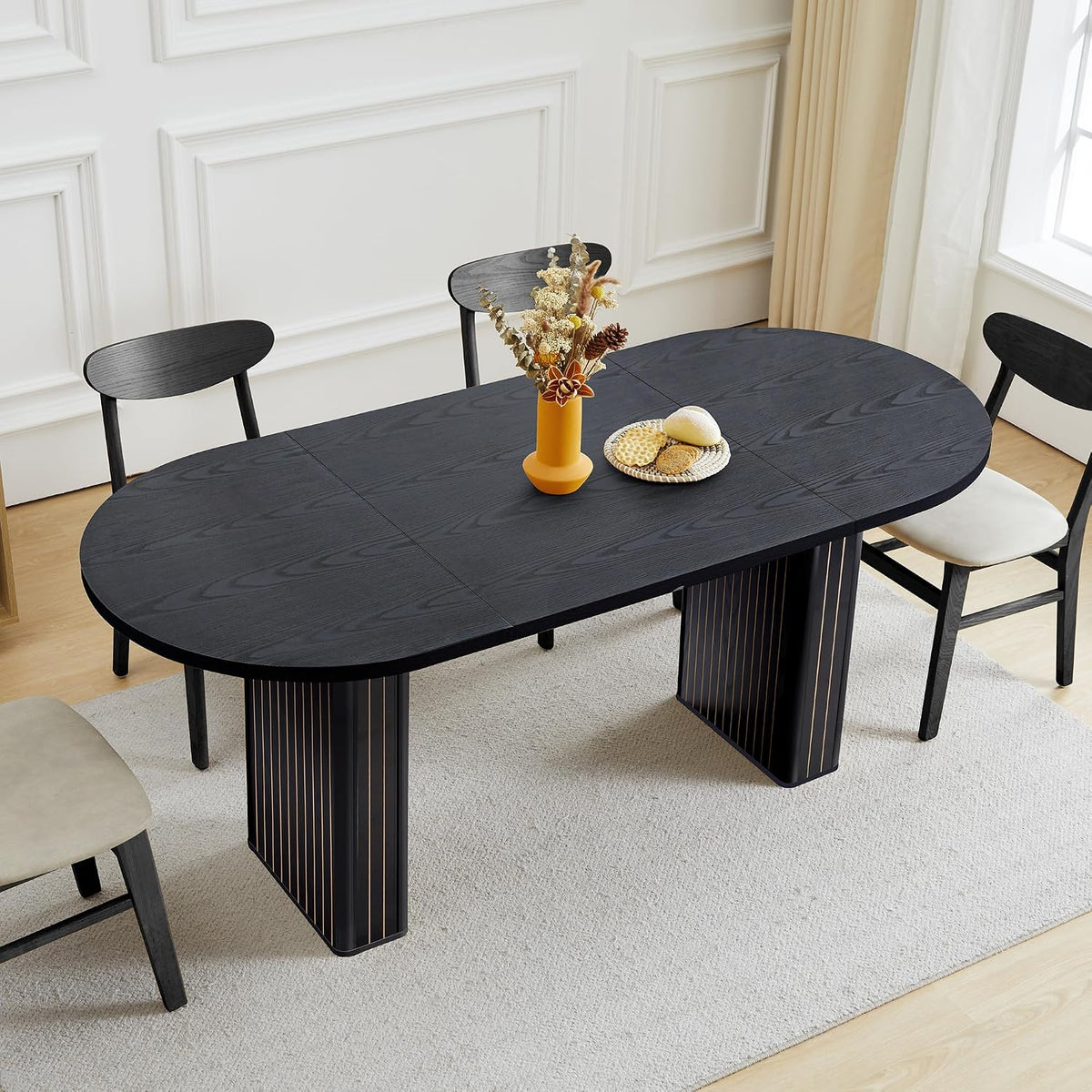 70.8 Inch Kitchen Dining Table for 4-6 People, Oval Kitchen Table with Wood Strip Base, Modern Farmhouse Large Round Dining Room Tables for Home Living Room (Black)