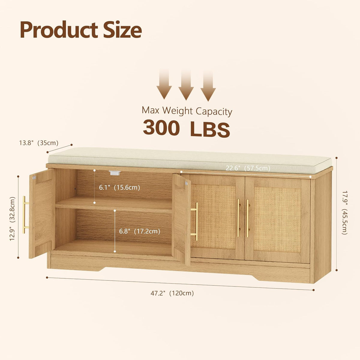 Rattan Shoe Storage Bench, 47.2" Wide Entryway Bench, Natural Oak | 2 Tier Shoe Bench with Padded Cushion, Hidden Shoe Rack Bench with Adjustable Shelves, for Hallway Living Room, Bedroom